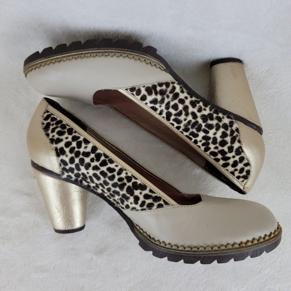 CULEKA Hand Made Beige Gold Leppard Calf Hair Leather Slip On Pump Size 8.5 Y2K - Picture 5 of 8